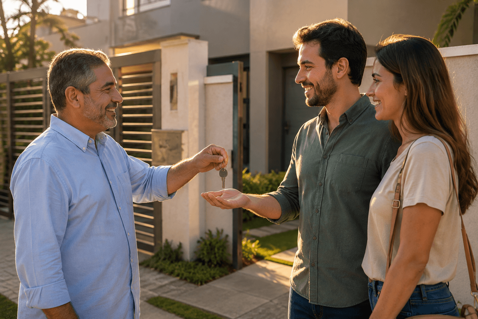 Proprietário entregando a chave do imóvel a um jovem casal de inquilinos na frente da casa, a renda da aposentadoria imobiliária.