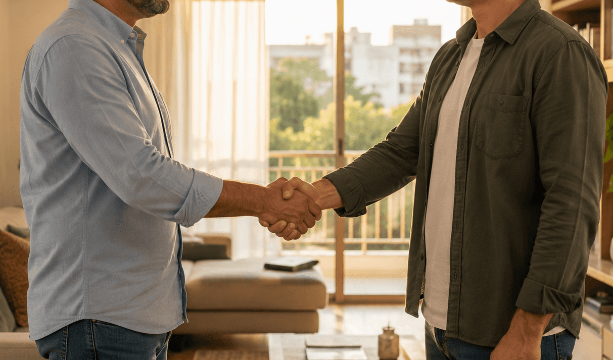 Comprador e vendedor apertando as mãos na sala de uma casa mobiliada, fechando a compra de um imóvel financiado.