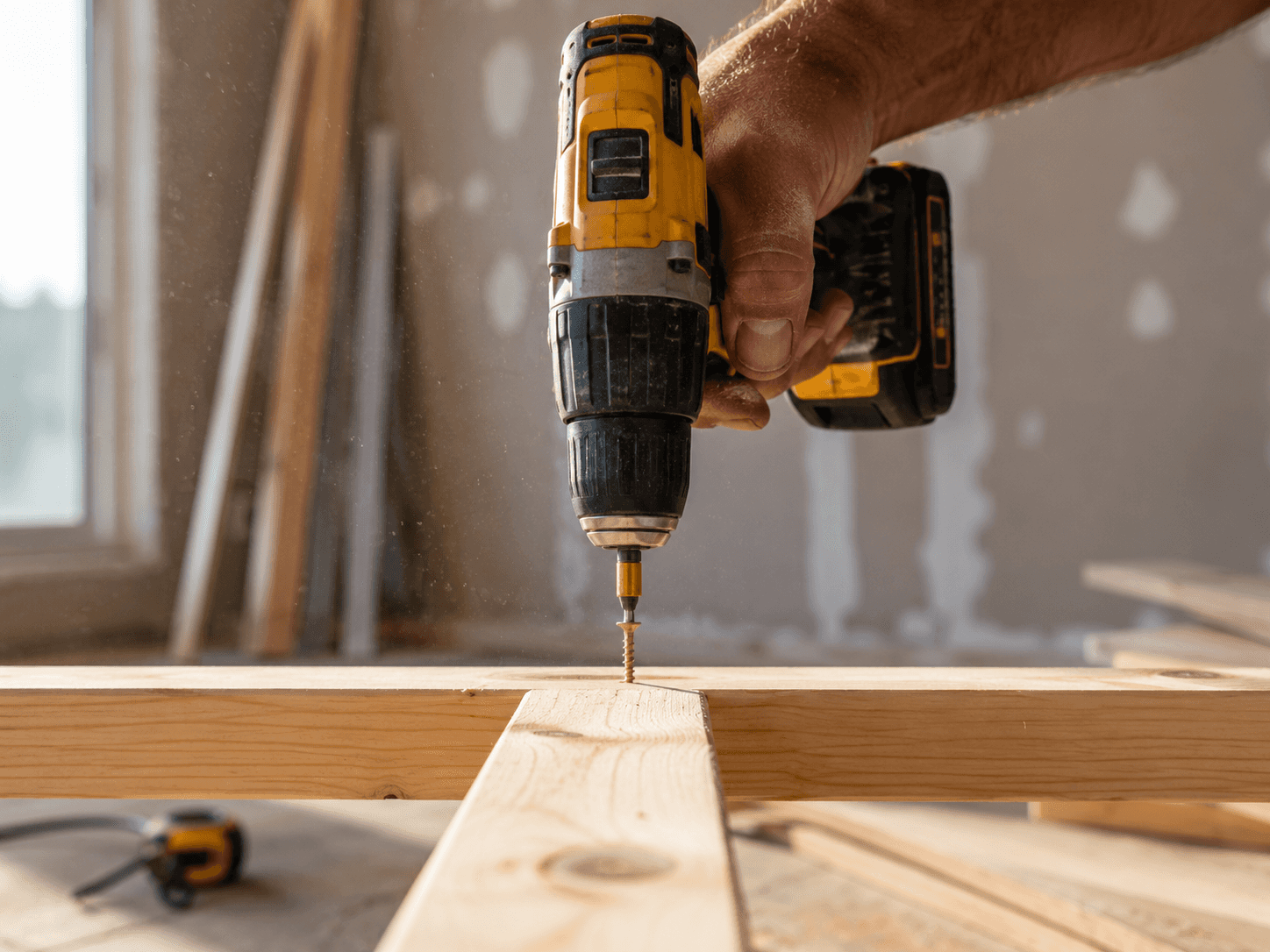 Mão de um trabalhador usando parafusadeira na reforma de um imóvel, obra viabilizada pela carta de crédito do consórcio.