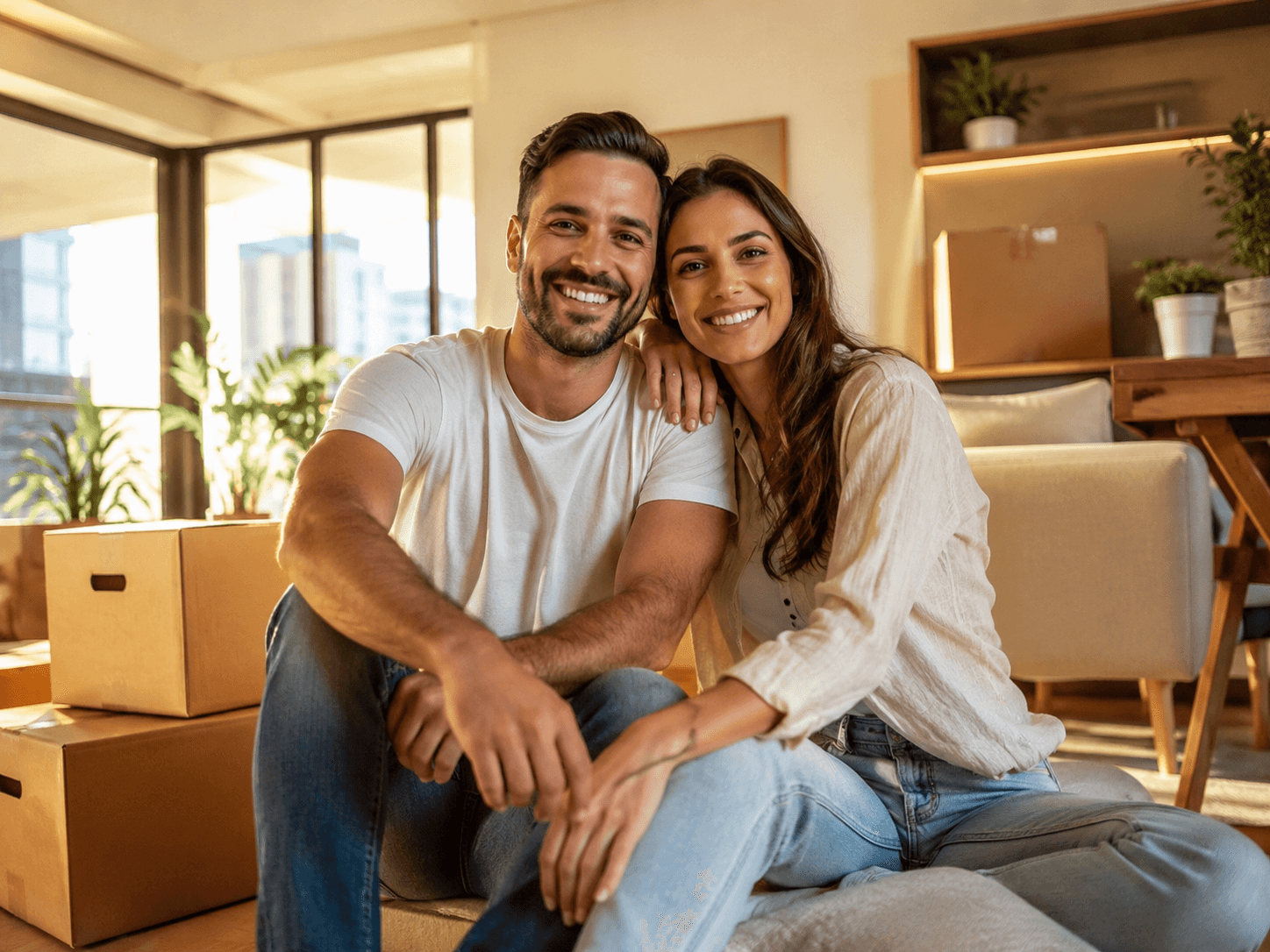 Casal sentado na sala do apartamento próprio, entre caixas de mudança, depois de conquistar o imóvel com o consórcio em Joinville.