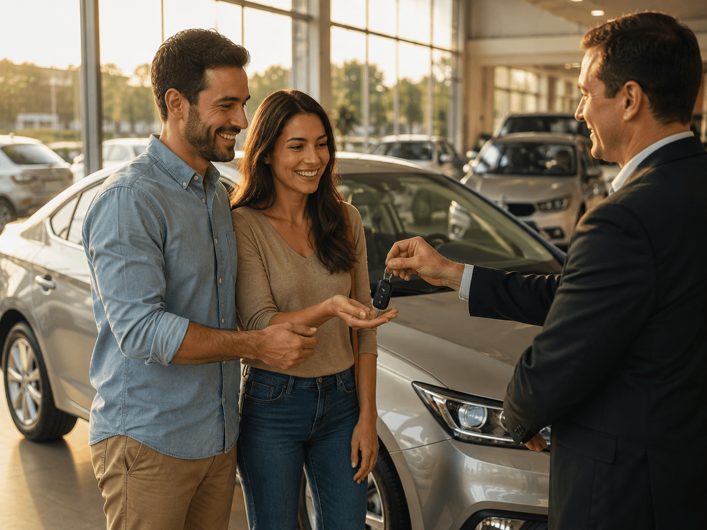 Vendedor entrega a chave de um carro prata zero-quilômetro a um casal sorridente no salão de uma concessionária, ilustrando o consórcio de carro novo em Joinville.