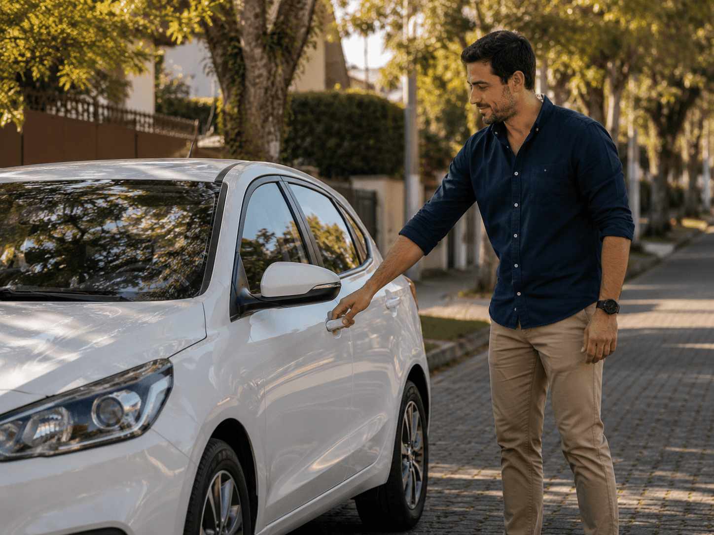 Homem abre a porta de um hatch branco seminovo estacionado em uma rua arborizada de bairro, ilustrando o consórcio para comprar carro usado em Joinville.