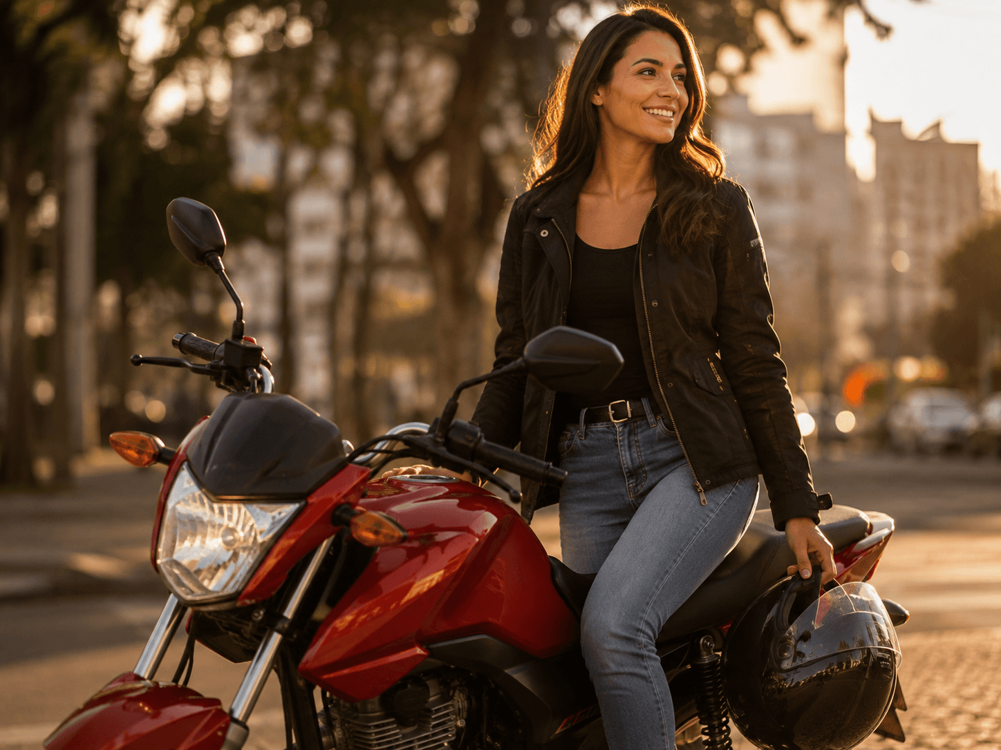 Mulher sentada em uma motocicleta vermelha, com o capacete na mão, em uma avenida arborizada ao pôr do sol, ilustrando o consórcio de moto em Joinville.