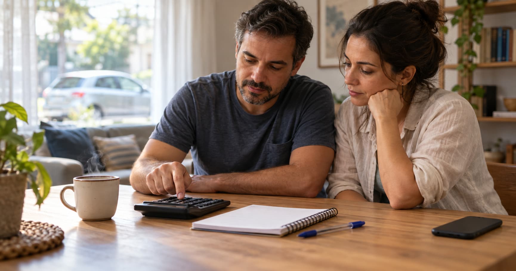 Casal planejando a compra de um carro em casa, com calculadora e caderno sobre a mesa, comparando o custo de financiar com o de planejar por consórcio