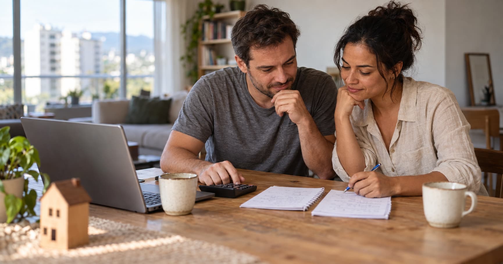 Casal comparando na mesa de casa as contas de consórcio ou financiamento de um imóvel, com calculadora e papéis