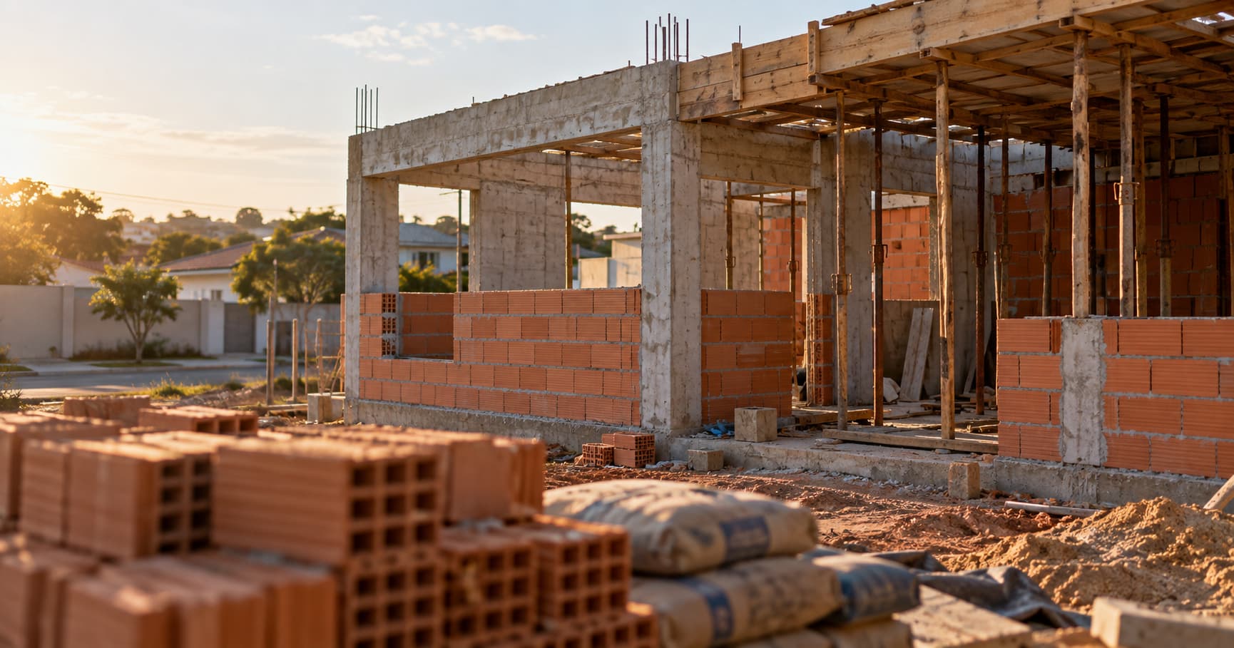 CUB SC valor do m²: obra residencial de casa térrea em andamento, com paredes de bloco cerâmico levantadas e vigas de concreto aparentes