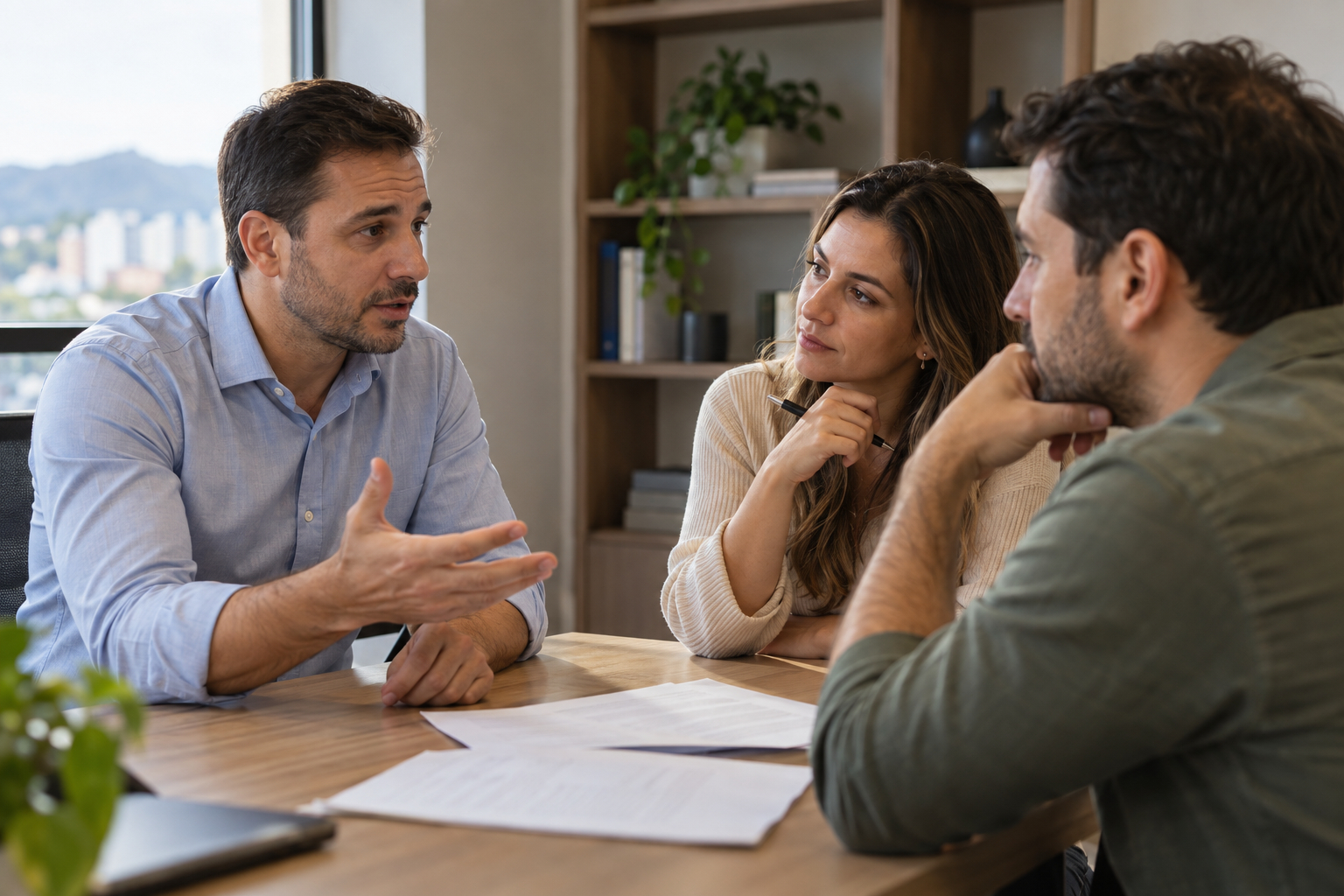 Consultor explica as condições de um contrato de consórcio a um casal sentado à mesa de atendimento, com as folhas viradas de costas. Tudo para explicar como funciona o consórcio.