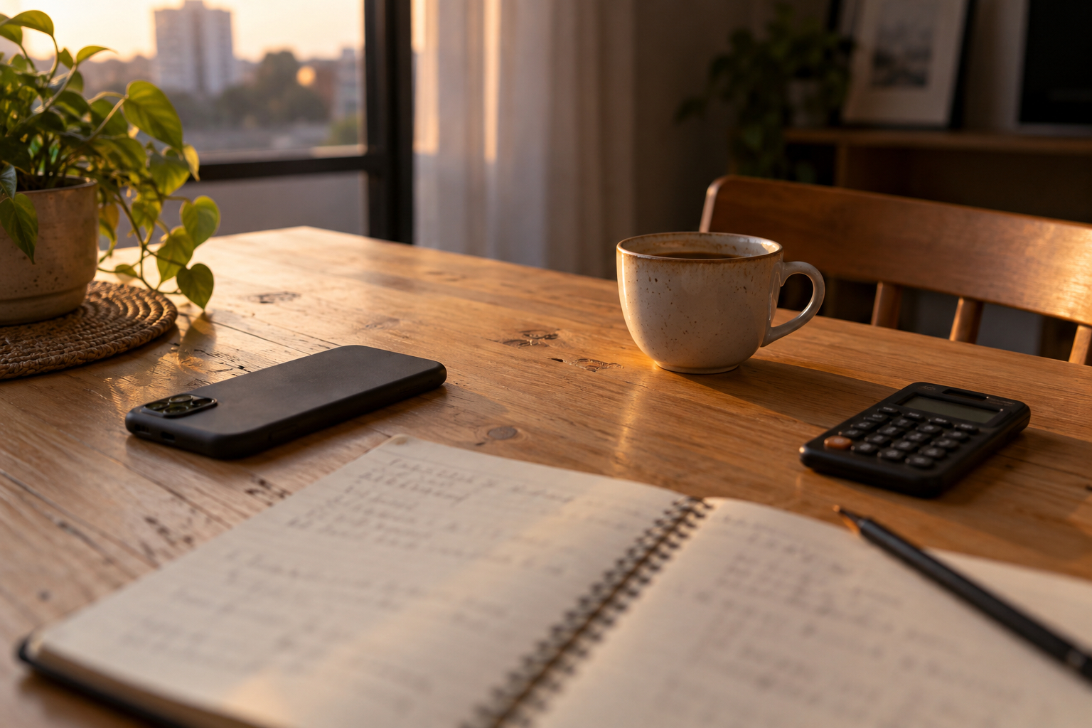 Celular, caderno de anotações e calculadora sobre a mesa de casa, com as dúvidas de cada etapa anotadas antes de falar com a unidade.
