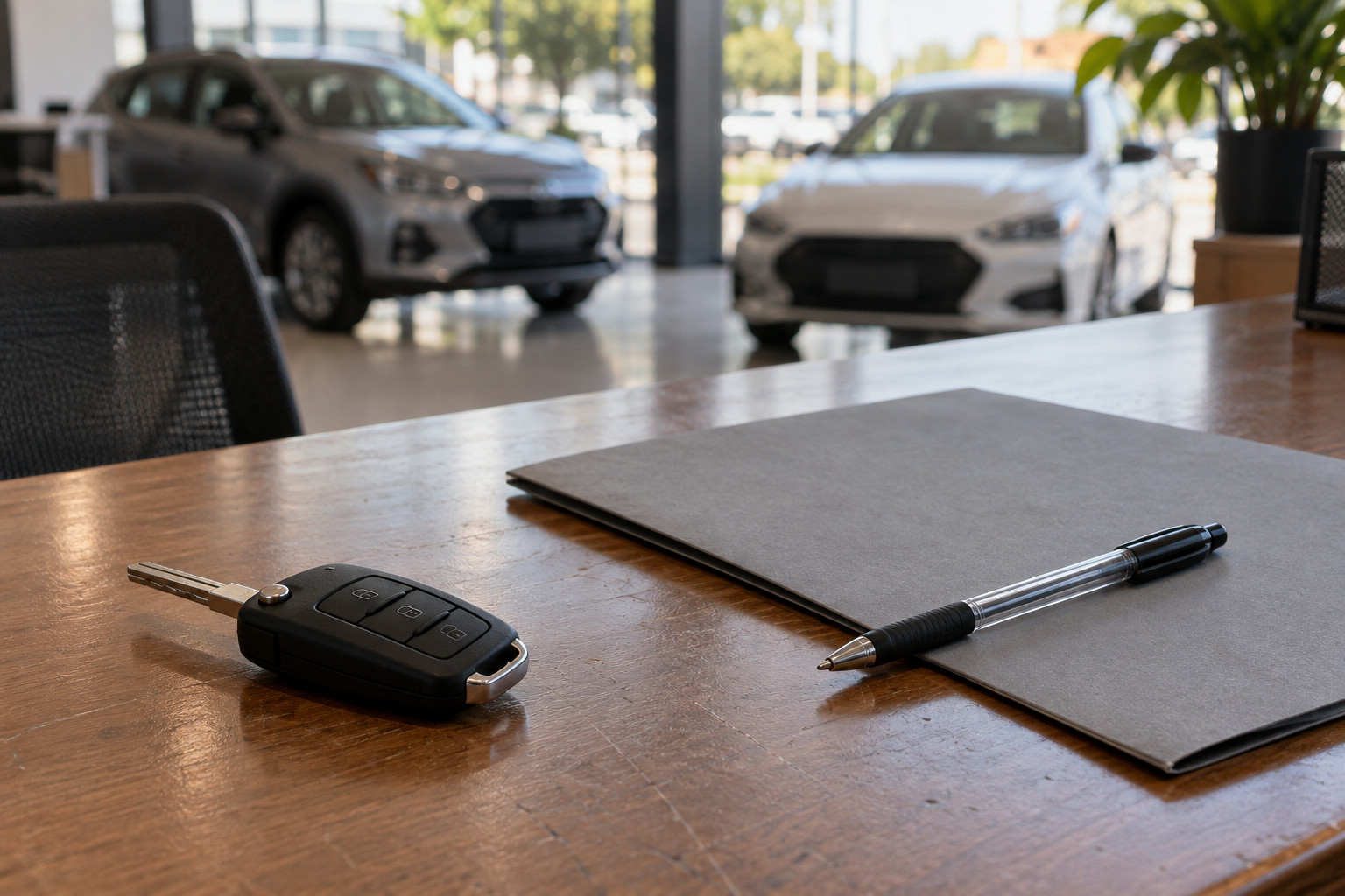 Chave de carro e pasta de documentos virada de costas sobre o balcão de uma revenda, no momento em que a administradora paga o vendedor.