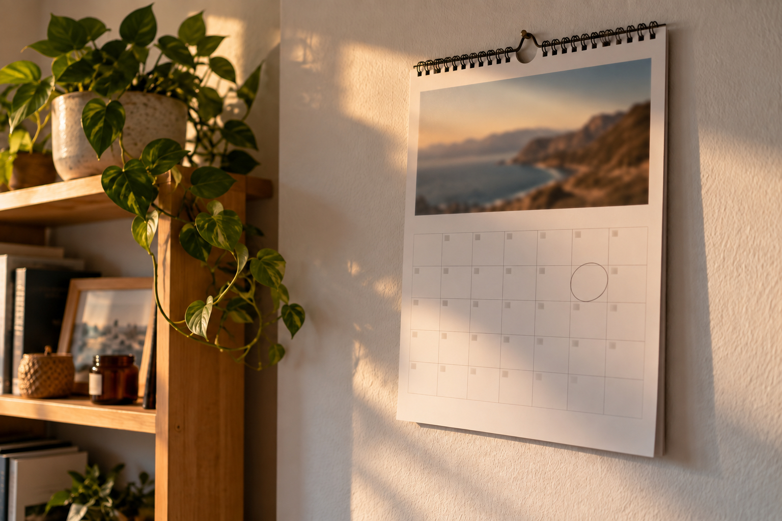 Calendário de parede com a última sexta-feira do mês circulada a lápis, marcando a semana da promoção