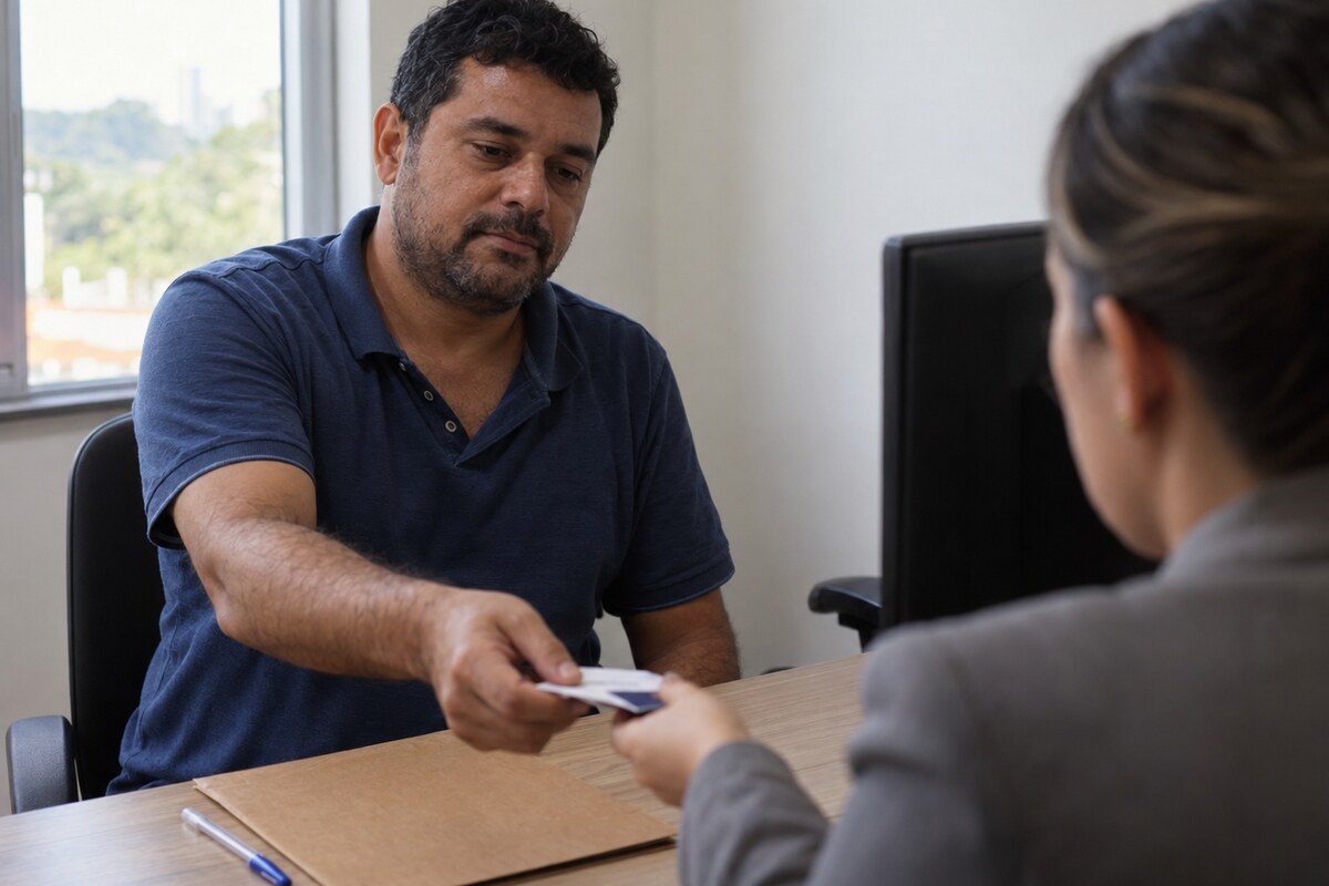 Homem entrega dois cartões de identificação para uma consultora sentada do outro lado de uma mesa em escritório de atendimento