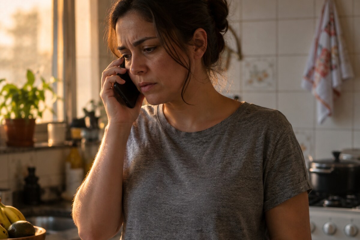 Mulher fala ao telefone em pé na cozinha, com caderno, caneta e xícara sobre a bancada
