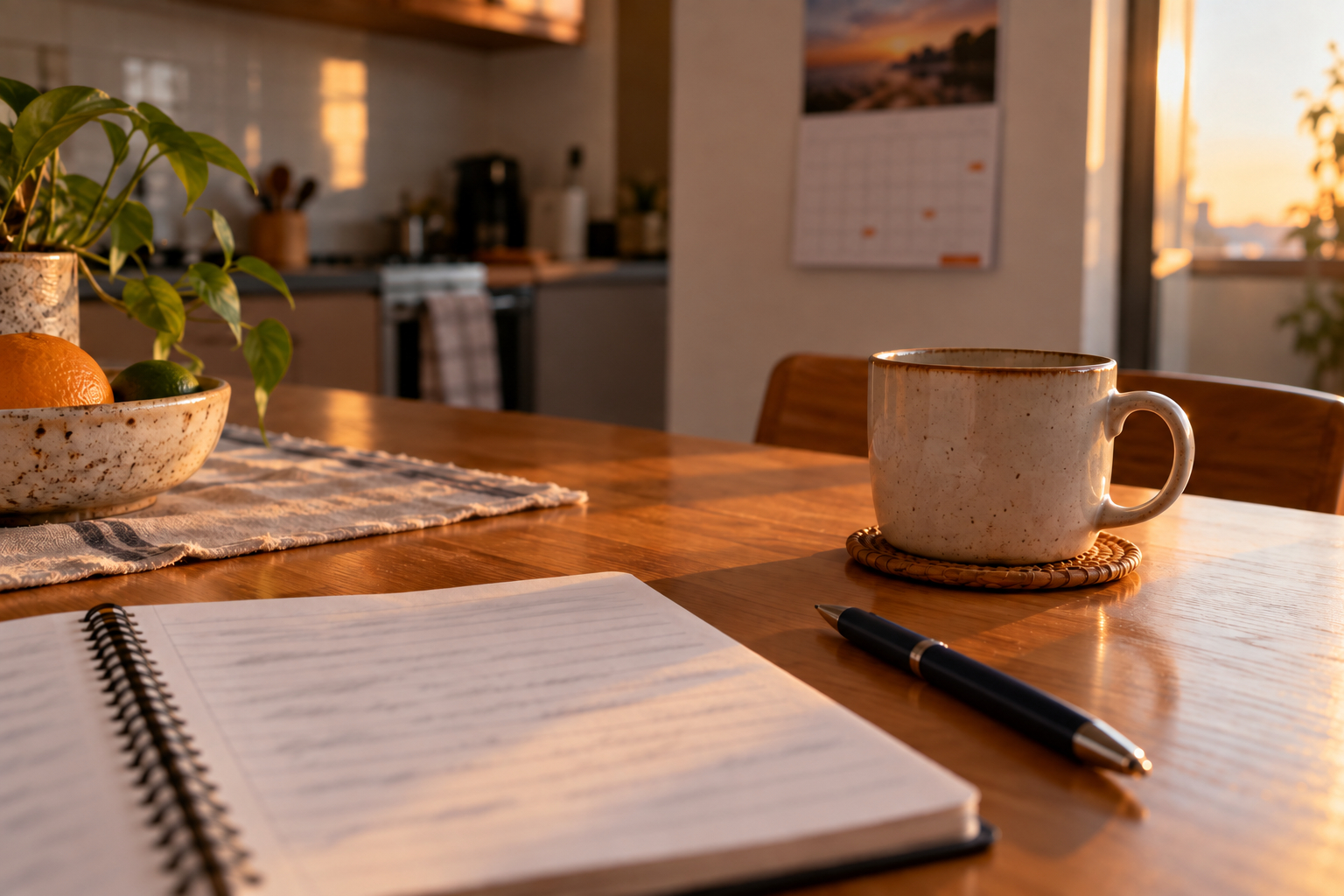 Caderno de anotações aberto e caneta sobre a mesa da cozinha, com um calendário de parede desfocado ao fundo