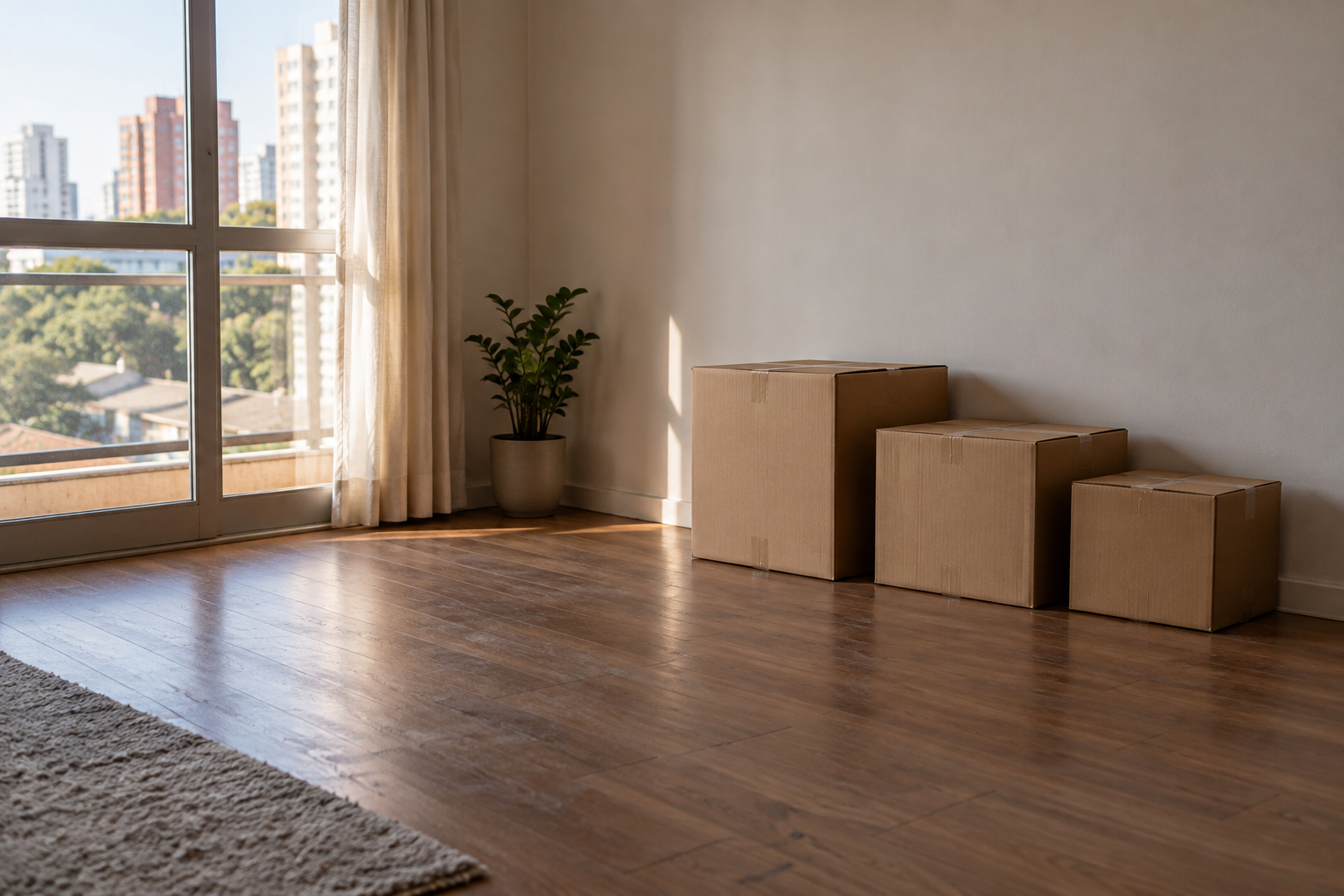 Caixas de mudança fechadas encostadas na parede de uma sala de apartamento alugado, sem móveis