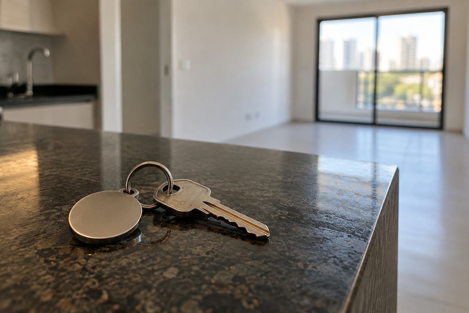 Chave de apartamento sobre a bancada da cozinha de um imóvel recém-entregue, com a sala vazia desfocada ao fundo