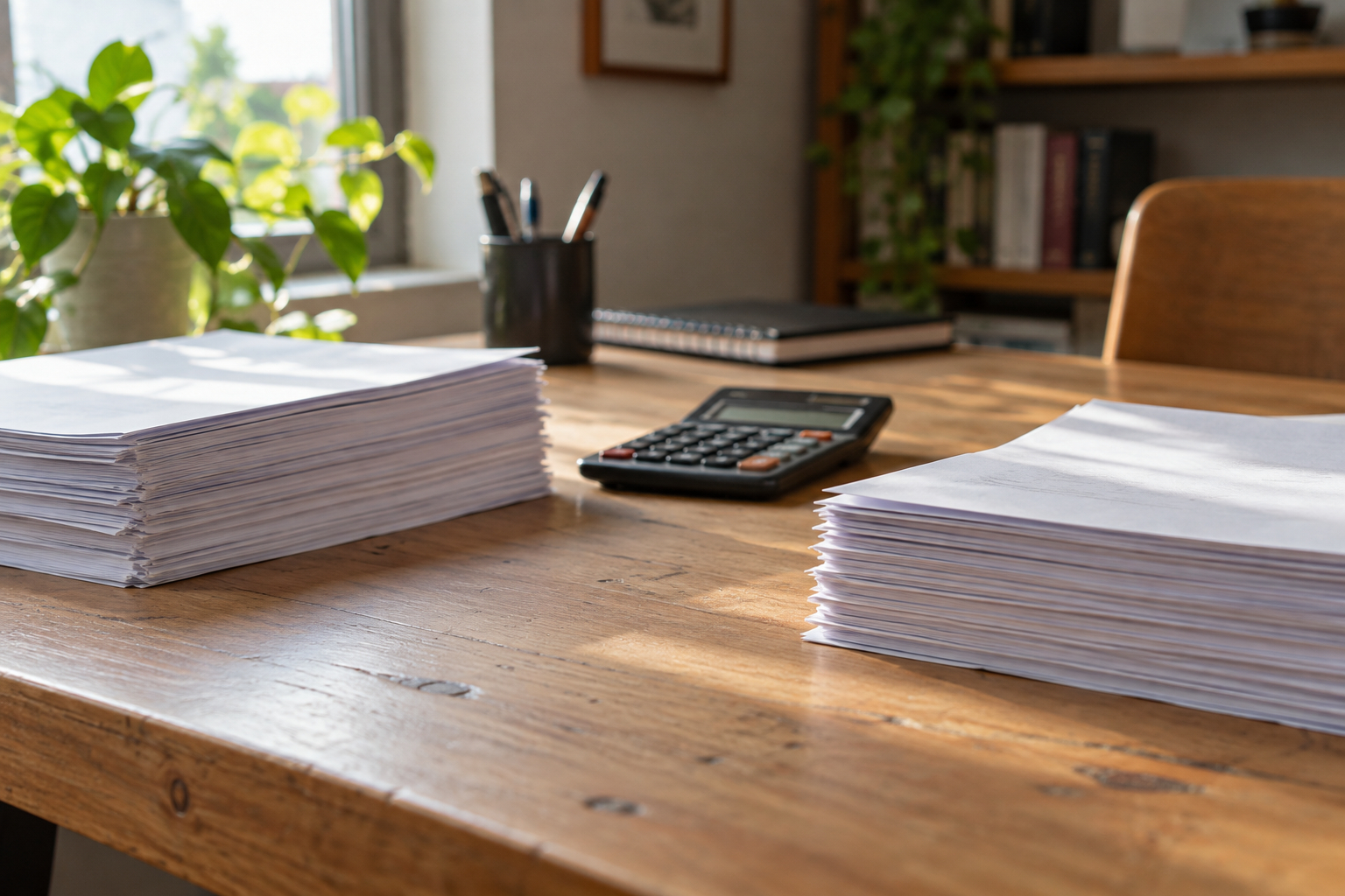 Calculadora ao lado de duas pilhas de folhas viradas para baixo em uma mesa de madeira, usadas para comparar dez anos de dois caminhos de compra. Tudo para explicar consórcio ou financiamento.